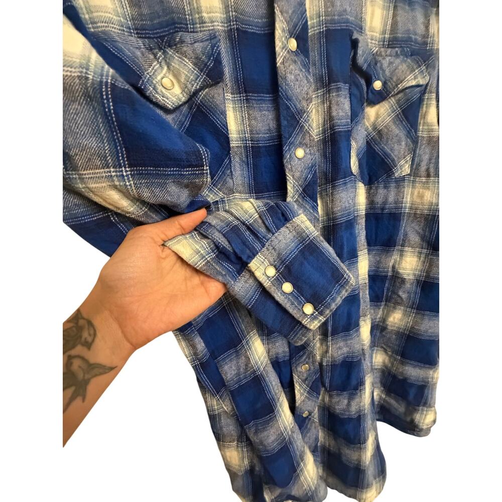Wrangler Wrancher Men’s XLT Blue Plaid Western Pearl Snap Shirt 100% Cotton Tall - Picture 9 of 11